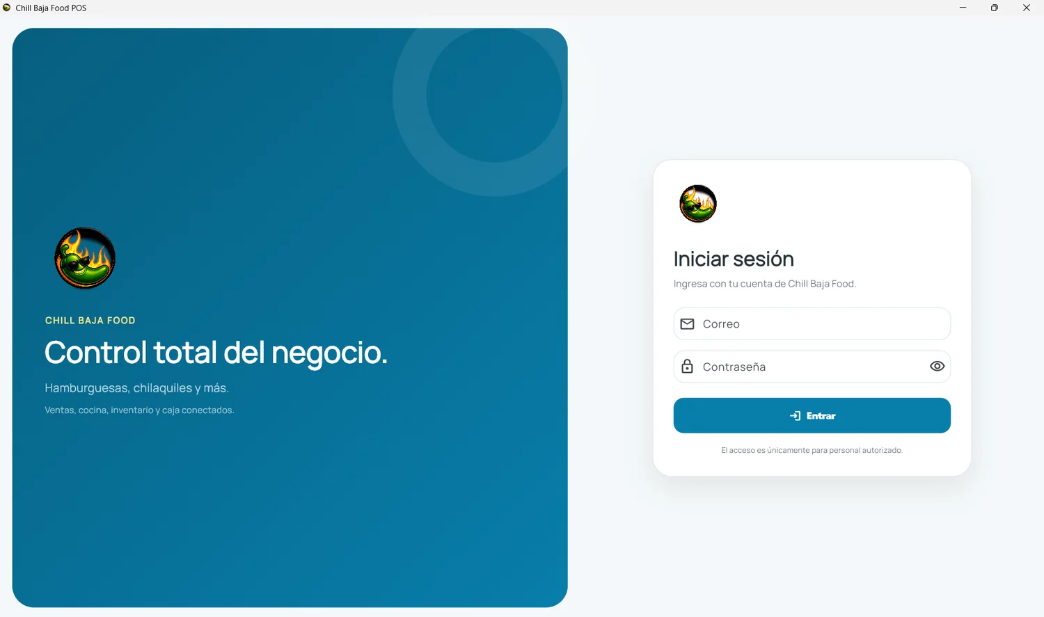 Pantalla de inicio de sesión de Chill Baja Food POS